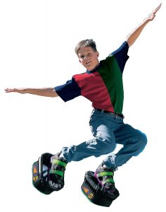 A boy jumping in Moon Shoes